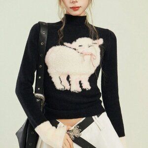 Black Casual Women's High Neck Long Sleeve Knit Sweater